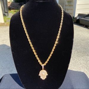 Gold Chain Rope Chain 6mm and Icy Hamsa Pendant Set